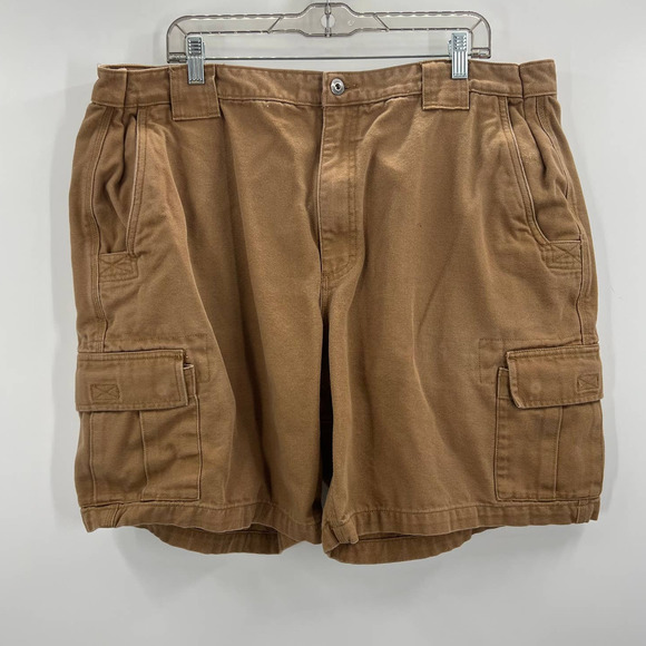 Duluth Trading Canvas Khaki Cargo Shorts Zippered Button Pockets Men's 46 Waist - Picture 1 of 13
